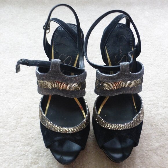 JESSICA SIMPSON black, gold and silver platform heels - Picture 2 of 11